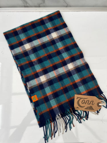 100% Cashmere plaid scarf - Navy, Orange & Blue Check
